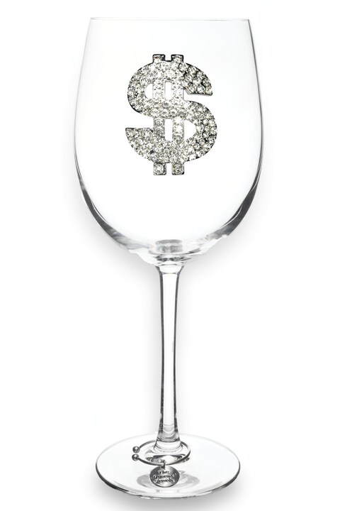 THE QUEENS&#39; JEWELS Diamond Dollar Jeweled Stemmed Wine Glass, 21 oz. - Unique Gift for Women, Birthday, Cute, Fun, Not Painted, Decorated, Bling, Bedazzled, Rhinestone
