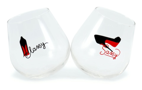 Drinking Divas &#39;Classy&#39; and &#39;Sassy&#39; Wine Glasses - Set of Two 12oz Stemless Rolling Tumblers - Cute &amp; Fun Birthday Gifts for Mom Girlfriend, Wife Best Friend Sister Wedding Mother&#39;s Day Bachelorette