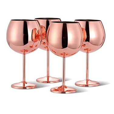 Oak &amp; Steel - 24oz Big Gin and Tonic Glasses Set of 4 (Rose Gold) Stainless Steel Gin Glasses for Gin Lovers, Gin Balloon Glasses, Gin Cocktail Glasses for Wedding, Birthday, Beach &amp; Pool Party