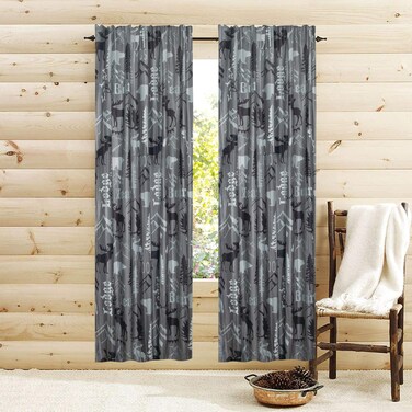 Beatrice Home Fashions Home Sweet Home Rustic Mountain Lodge Window Curtains 2-Panel Pair Set with Rod Pocket, Cabin Woods Moose Bear, Each Panel Measures 54" W x 84" L, Black and Grey