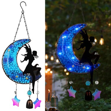 SUBOLO Memorial Wind Chimes Solar Hanging Glass Moon Lights Metal Fairy Angel Outdoor Wind Chimes for Mom Loved One Gifts