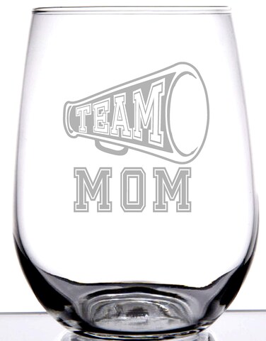 IE Laserware TEAM MOM WINE GLASS STEMLESS   Fun gift for TEAM MOMS   Cute graphic laser engraved etched   Great for Baseball, Soccer, Football, Basketball, Tennis or any other sports Mothers