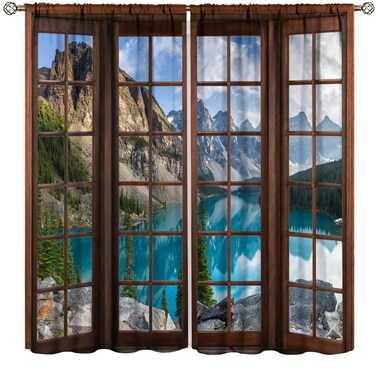 Landscape Curtains,Nature 3D Scenery View Window Treatments for Living Room, Autumn Forest Lake Botanical Maples Scape Curtain 2 Panels,52x84 Inch