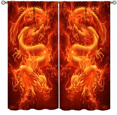 Dragon Curtain for Boys Bedroom, Fantasy Fire Dragon Blackout Window Treatments for Living Room Decor, Cooling Loong Dragon Monster Print Drapes 2 Panel Sets, 42x45 Inch