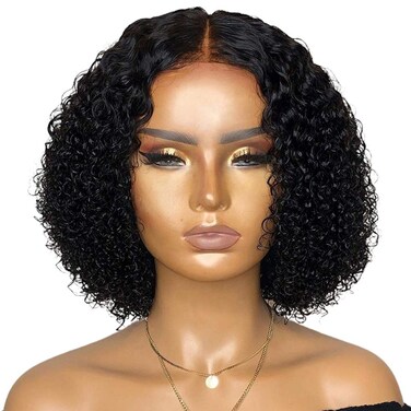 Newooh Lace Front Human Hair Wig Middle Part Curly Lace Closure Wig Short Wigs Black