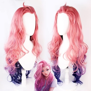 Furimmer Anime Game Cosplay Wigs LOL KDA Seraphine Pink Body Wave Wig with Cap Halloween Christmas Carnival Party for Women Kids Girls and Ladies