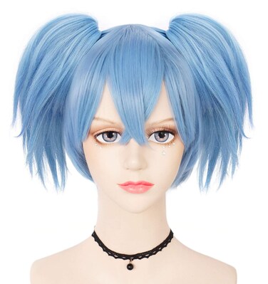 Anogol Hair Cap+ Nagisa Shiota Wig Cosplay Blue Wig with Double ponytails Short Blue Anime Wig for Men Women Boys Girls Cosplay Costume Synthetic Hair Wigs for Halloween Party Wig