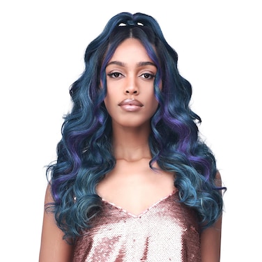BOBBI BOSS 13X2 Deep Lace Synthetic Hair Wig - MLF418 ELEANOR, Updo Revolution Long Curly Style , High Heat Resistant Wigs (HLPURP/GRN)