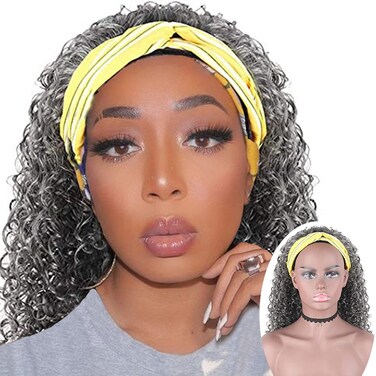 Oseti Curly Gray Headband Wig Long Wavy Headband Half Wigs for Black Women Grey Head Band Wigs, Water Wave Headband Wigs Heat Resistant Synthetic Long Wigs with Headband Attached for Black Women