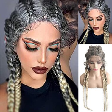 Ombre Blonde Braided Wigs for Women Long Handmade Twisted Braids Glueless Wig Grey Mixed Black Double Dutch Braid Wigs with Baby Hair Synthetic Heat Resistant Lightweight Box Braided Wig 30Inch