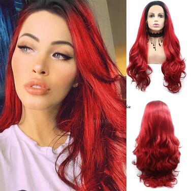 Sylvia 24" Black to Red 2T Ombre Synthetic Lace Front Wigs Body Wave Black Root 180% Density Natural Wavy Heat Resistant Fiber Hair for Woman