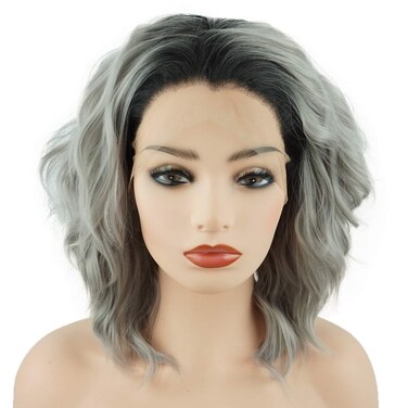 Meiyite Hair Curly Short 14inch Dark Root Gray Ombre Heavy Density Realistic Synthetic Lace Front Wigs