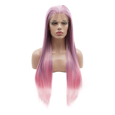 Lushy Straight Long Light Purple Root Pink Ombre Wig Half Hand Tied Heat Resistant Heavy Density Synthetic Lace Front Wigs