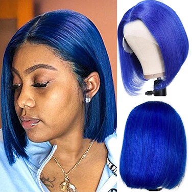 BLUE Lace Front Bob Wigs Real Virgin Human Hair Pre Plucked Shrot Straight Bob Haircut Colored 12 inch Shoulder Length with Natural Hairline T part Frontal Lace
