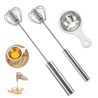 Stainless Whisks, 2 Pieces 10"/12" Hand Push Egg Beater Mixer, Non Electric Easy Whisk Just Pressing and Whisking Save Much Energy Kitchen Utensil for Blending, Whisking, Beating and Stirring