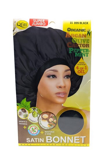 Qfitt Organic Argan + Shea Butter Olive Oil Super Jumbo Satin Bonnet #899 Black