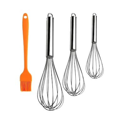 Kitchen Utensil Set with 3 Metal Whisks in 9, 7, 11 inches and Orange Silicone Basting Brush 8 x 1.25 inches