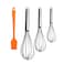 Kitchen Utensil Set with 3 Metal Whisks in 9, 7, 11 inches and Orange Silicone Basting Brush 8 x 1.25 inches