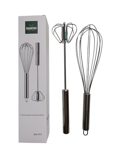 12'' Egg Whisk Combo - Stainless Steel Manual Balloon whisk and Semi-Automatic Whisk, Egg Beater, Hand Push Rotary - Mixing, Frothier, Stirring baking/beating eggs, Durable, Easy-Grip/Heat-Resistant.