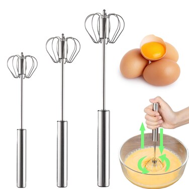 Suuker Egg Whisk, Stainless Steel Semi Automatic Whisk, 3 Pieces Hand Push Rotary Whisk Blender, Wisking Tool for Egg Beater, Milk Frother, Hand Push Whisk Mixer Stirrer