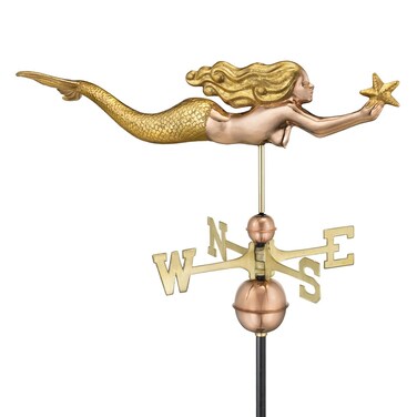 Mermaid with Starfish and Arrow Weathervane - Pure Copper with Golden Leaf Finish by Good Directions