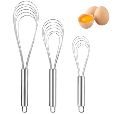 Miruchertter Flat Whisk Stainless Steel Flat Whisk for Cooking Kitchen Flat Wire Whisk Set Egg Mixing Whisks for Cooking, Blending, Whisking, Beating and Stirring, (3Pack, 8 Inch, 10 Inch, 12 Inch)
