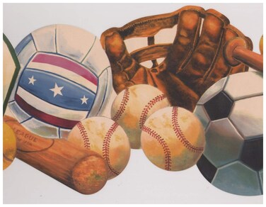 Baseball Basketball Tennis Soccer Ball Basket Glove Bat Sports Wallpaper Border Retro Design, Roll 15' x 9