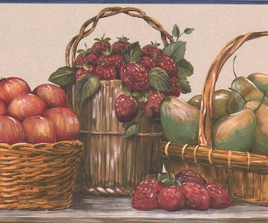 Fruit and Berry Baskets on Kitchen Table Beige Wallpaper Border Retro Design, Roll 15' x 9''