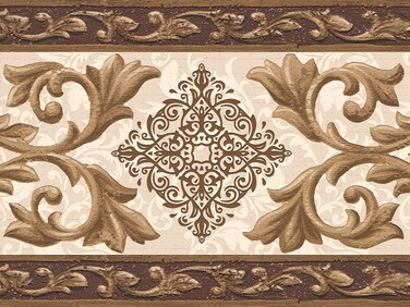 Dundee Deco DDAZBD9103 Peel and Stick Wallpaper Border - Damask Gold Brown Scrolls Wall Border Retro Design, 15 ft x 7 in (4.57m x 17.78cm), Self Adhesive