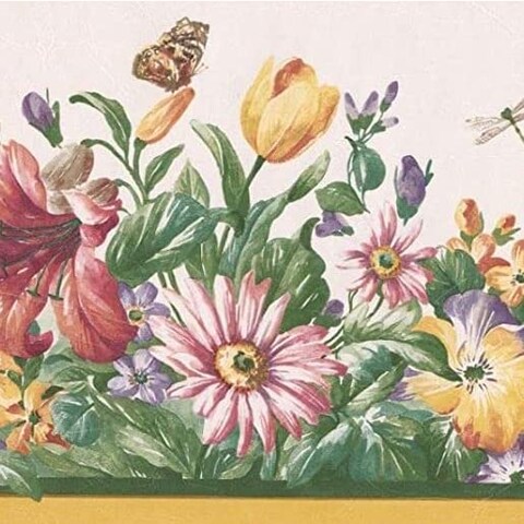 CONCORD WALLCOVERINGS &acirc;&bdquo;&cent; Pretty Floral Theme Wallpaper Border Featuring Garden Flowers Leaves Butterfly, Colors Red Cream Green Yellow Lavender Pink Purple, Size 8.375 inches by 15 feet KR75125B