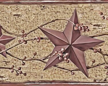 Dundee Deco BD6222 Self Adhesive Wallpaper Border - Patriotic Beige, Brown, Maroon Red Tin Star, Berries on Vine Wall Border Retro Design, 15 ft x 7 in (4.57m x 17.78cm)