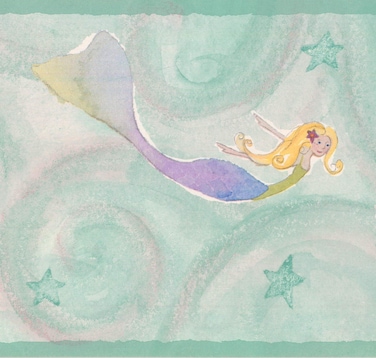 Purple Green Mermaids in Abstract Damask Vines Tuquoise Wallpaper Border for Kids Bedroom Bathroom, Roll 15' x 7''