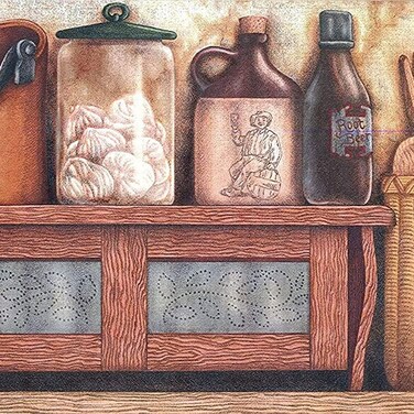 CONCORD WALLCOVERINGS &acirc;&bdquo;&cent; Wallpaper Border Patriotic Pattern Country Kitchen Garden Stuffs Birds Houses for Dining Area Farmhouse, Orange Brown Beige Grey Red Blue, 12 Inches by 15 Feet 110238