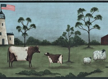 CONCORD WALLCOVERINGS &acirc;&bdquo;&cent; Wallpaper Border Country Pattern Cows Sheep Towers Trees Ship Water for Farmhouse, Green Brown Blue White, 9.25 Inches by 15 Feet HF8513B