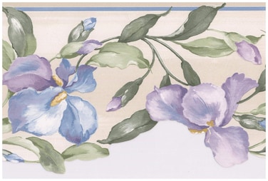 Prepasted Wallpaper Border - Purple Blue Flowers on Vine Scalloped Floral Wall Border Retro Design, Roll 15 ft. x 7 in.