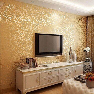 Q QIHANG Gold Yellow Netherland Victorian Damask/Embossed Textured Non-Pasted Wallpaper Roll 1.73'W x 32.8'L