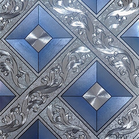 Q QIHANG DAWEI Silver Foil Mosaic Rhombus Flicker KTV Room Home Decorative Wallpaper Silver Blue Color 1.73&#39;W x 32.8&acirc;&euro;&tilde;L&acirc;&euro;&trade;
