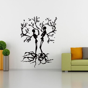 BIBITIME Halloween Vinyl Couple Skull Tree Wall Decal Black Skeleton Sticker for Living Room Porch Sofa Background Decorations Shop Showcase Window Kids Room Decor