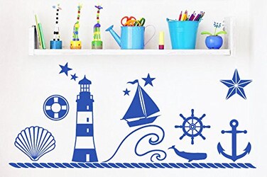 Home Find Wall Decals DIY Sea Wave Ship Rudder Anchor Lighthouse Shark Shell Stickers Removable Self Adhesive Vinyl Murals Living Room Bedroom Kids Room Nursery Home Decor 40 inches x 23 inches