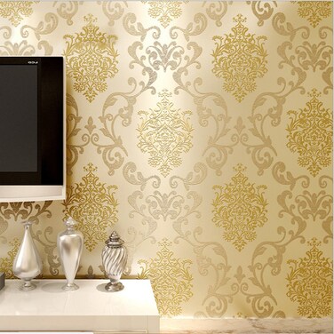 Q QIHANG DAWEI 3D Luxury Damascus Pearl Powder Non-Woven Wallpaper Roll for Living Room Beige Color 1.73'W x 32.8'L