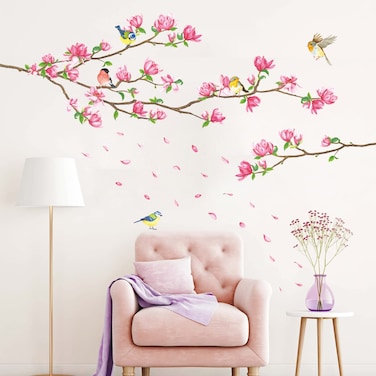 DECOWALL SG-2117 Pink Blossom Flower Wall Stickers Birds Magnolia Brunch Decals Removable for Nursery Bedroom Living Room Art Home Decor Mural Decoration