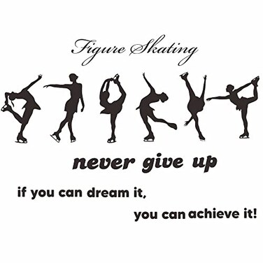 ANFRJJI Figure Skating Wall Decal with 6 Girls Skater Stickers and Never Give Up Quote - Ice Skating Wall Art for Sports Bedroom - Removable PVC Vinyl Mural - Effect 40x29 inch JWH171 (Black)