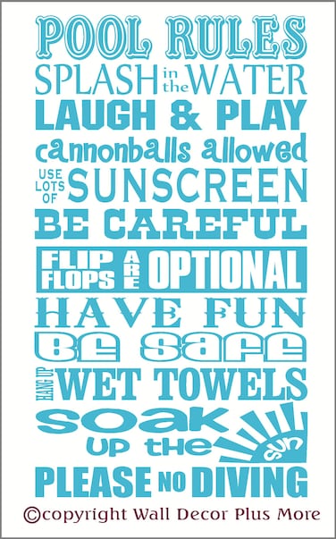 Wall Decor Plus More WDPM2900 Pool Rules Subway Art Phrases and Quotes Wall Decal Sticker, 23x13-Inch, Geyser Blue
