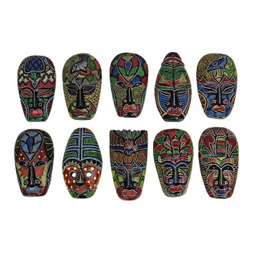 Set of 10 Colorful Hand Carved Tropical Island Dot Painted Tribal Masks 6 1/2 Inches High Wall Hangings