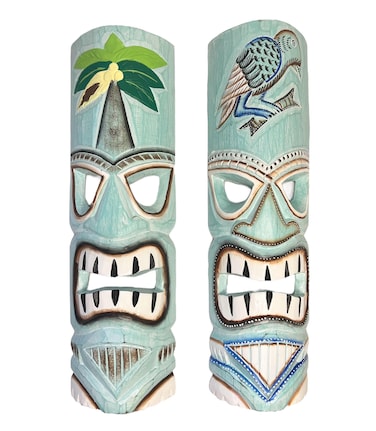 Set of 2 &acirc;&euro;&ldquo; Large Aqua Teal Tiki Head Mask &acirc;&euro;&ldquo; Unique Hand Carved Wall Hanging or Freestanding Sculpture &acirc;&euro;&ldquo; Tropical Parrot and Coconut Tree Accents - Tribal Party Beach Luau Bar Decor