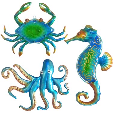 JFRISING 3 Pack Metal Seahorse Octopus Crab Wall Art Decor Plaque Sculpture, Sea Beach Ocean Theme Fish with Blue Glass Decoration Indoor Outdoor for Living room Bedroom Washroom