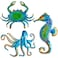 JFRISING 3 Pack Metal Seahorse Octopus Crab Wall Art Decor Plaque Sculpture, Sea Beach Ocean Theme Fish with Blue Glass Decoration Indoor Outdoor for Living room Bedroom Washroom