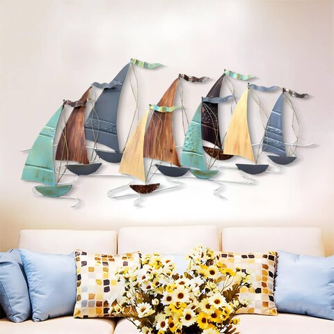 edaknez Large Metal Sailboat Wall Decor, 51&quot; x 26&quot; Metal Ship Wall Art Decor, Coastal Nautical Metal Sailboat Wall Decor, Large Metal Ship Wall Sculptures, for Living Room Bedroom