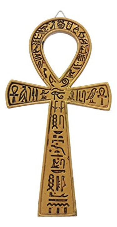 Ebros Small Crux Ansata Egyptian Golden Ankh Wall Decor Figurine 7.25"Long New Age Mysticism With Egyptian Hieroglyphs Symbol of Life Health Stability And Balance