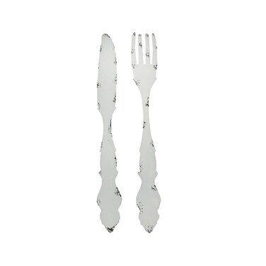 Set of 2 Large Knife and Fork White Metal Wall Hangings - Decorative Utensil Pieces for Country Farmhouse Kitchen Decor - Rustic Elegance - 30 Inches Long